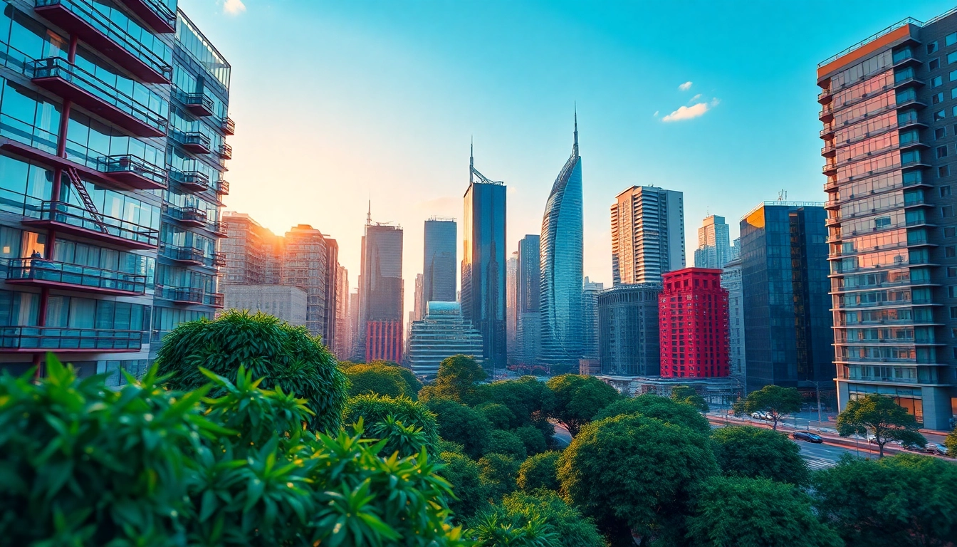 3d visualisierung eines urbanen Landschaftsdesigns mit modernen Gebäuden und lebendiger Umgebung