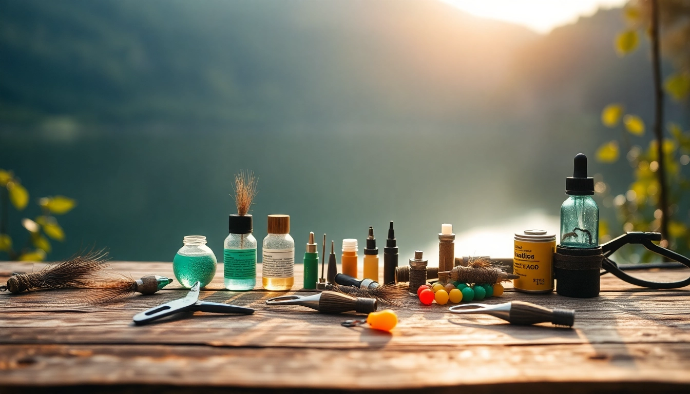 Showcasing essential fly fishing accessories arranged on a rustic table with natural lighting.